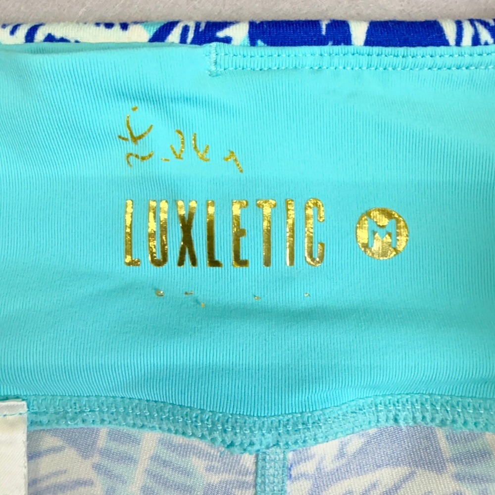 Lilly Pulitzer Luxletic Leggings Womens Medium UPF 50+ Blue Tropical Palm Crop - Picture 5 of 10